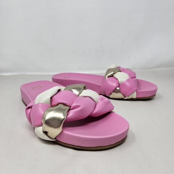 Marc Fisher Womens Sandels Sz 7M Pink Faux Leather Weaved gold & Ivory Slip Ons - Picture 3 of 10